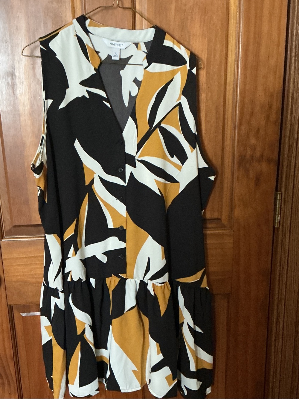 Nine West Black, White & Mustard Sleeveless Button-Front Mini Dress